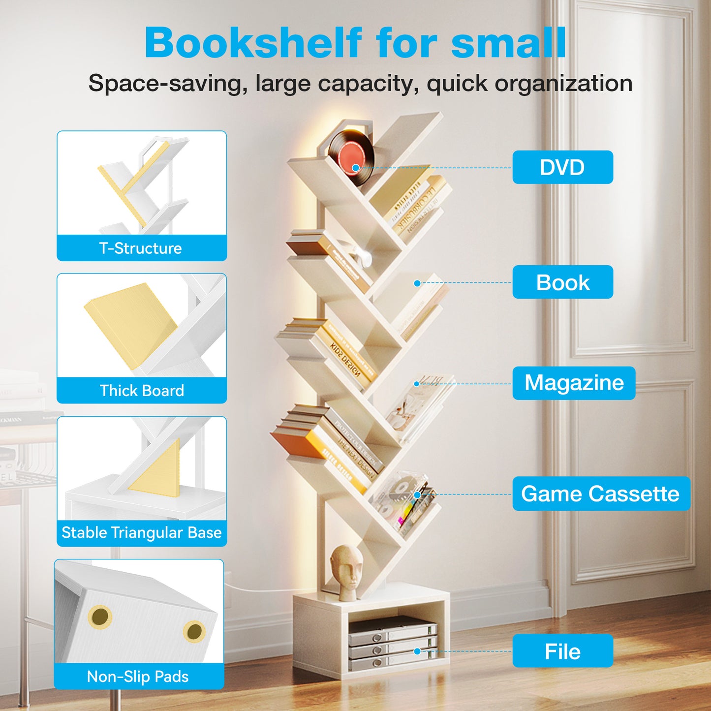 Casacomoda 8 Tier Tree Bookshelf, Bookcase with LED Lights, Display Floor Standing Storage Shelf, Book Organizer Shelves for Home Office, Living Room, White