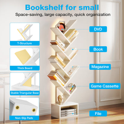 Casacomoda 8 Tier Tree Bookshelf, Bookcase with LED Lights, Display Floor Standing Storage Shelf, Book Organizer Shelves for Home Office, Living Room, White