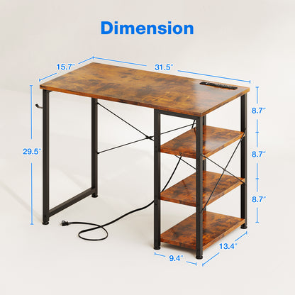 Casacomoda 32 inch Writing Desk with 3 Tier Shelves for Small Space, Computer Table with Power Outlets, Vintage