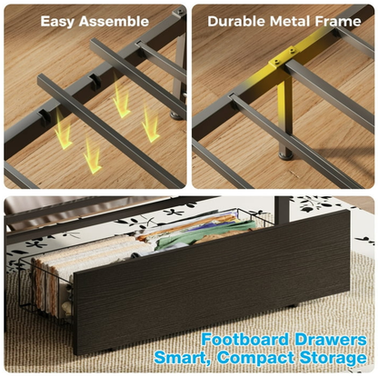 Bed Frame Twin Size with Storage Headboard and Drawer, Upholstered Platform Bed with Charging Station and LED Light, Heavy Duty Frame Support, No Box Spring Needed, Noise Free, Black
