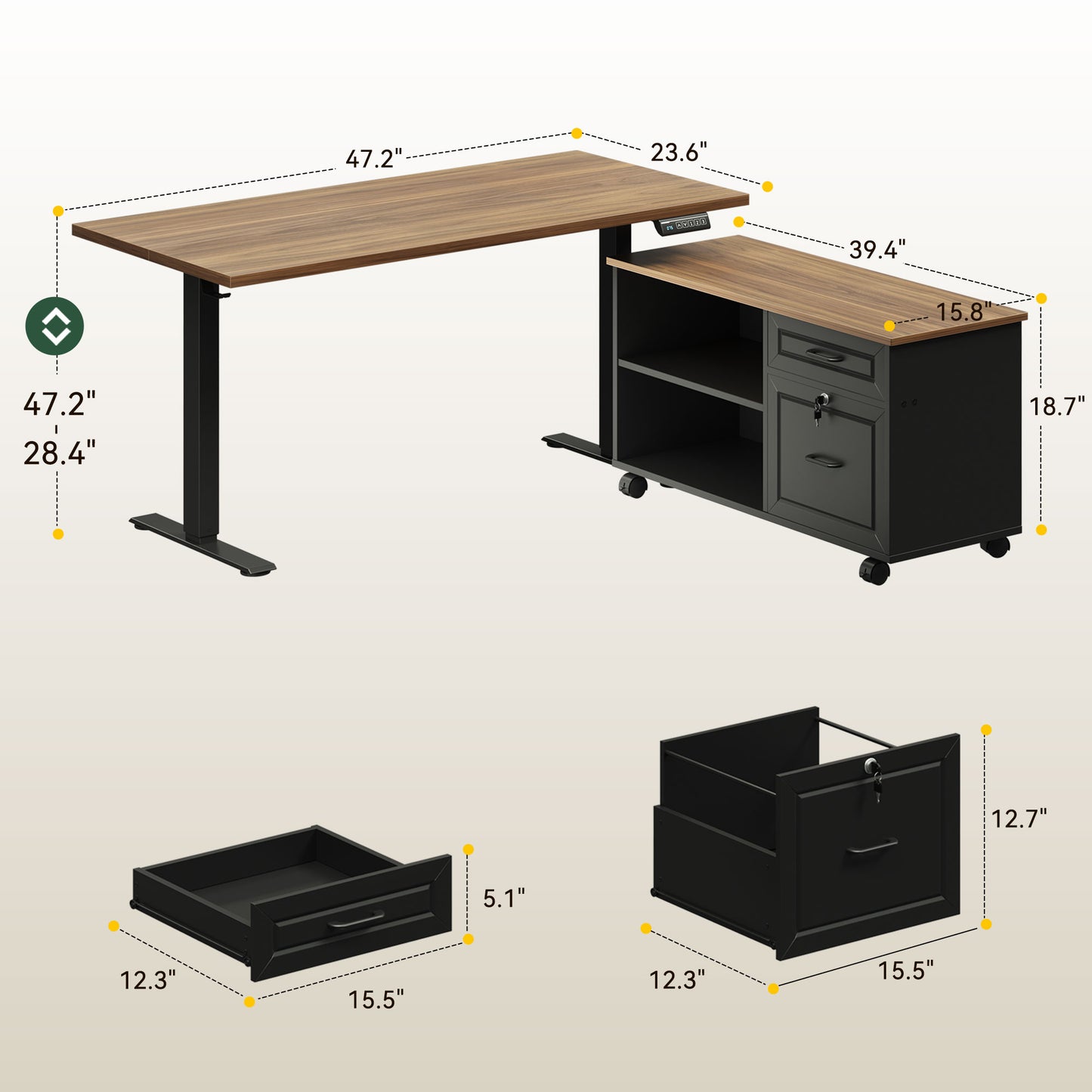 Casacomoda L-Shaped Standing Desk with Storage Cabinet and Drawers, Reversible Sit Stand Computer Desk for Home Office, Adjustable Height Desk, 48 Inch, Walnut & Black