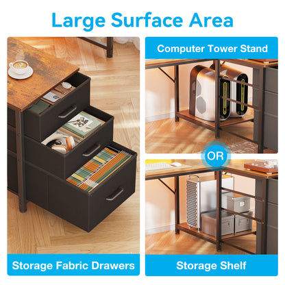 2 Person Desk with Power Outlet & LED Light, Extra Long Double Computer Desk with Fabric Drawers & File Cabinet, 94 Inch Writing Desk with Monitor Stand, T Shaped Gaming Desk, Vintage