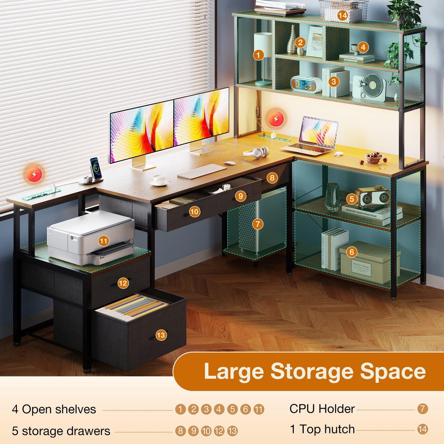 71 inch L Shaped Desk with File Drawers, Reversible L Shaped Gaming Desk with Power Outlets & LED Lights, Computer Desk with Storage Shelves for Home Office, Vintage