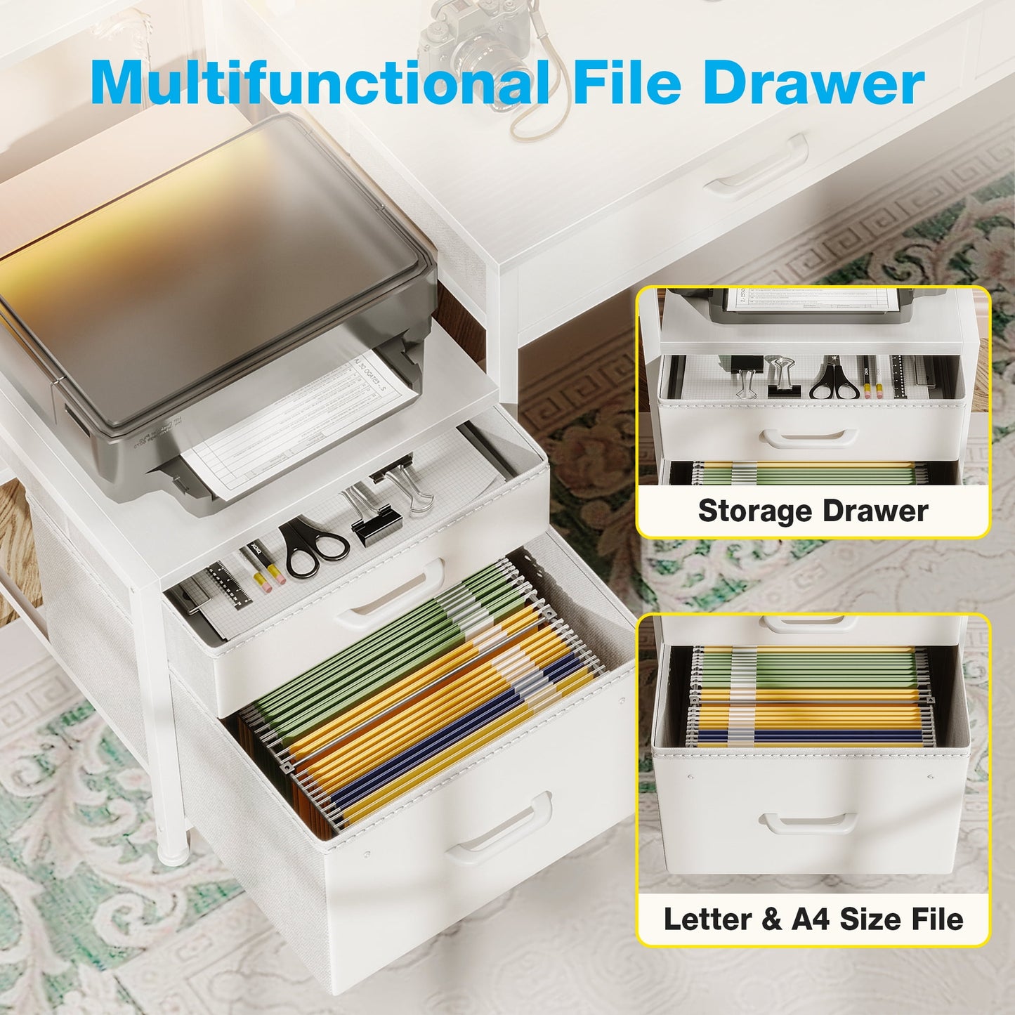 Computer Desk with 4 Drawers, 55 Inch Reversible Desk with Led Lights & Power Outlet, Home Office Desk with File Drawer & Monitor Stand, White