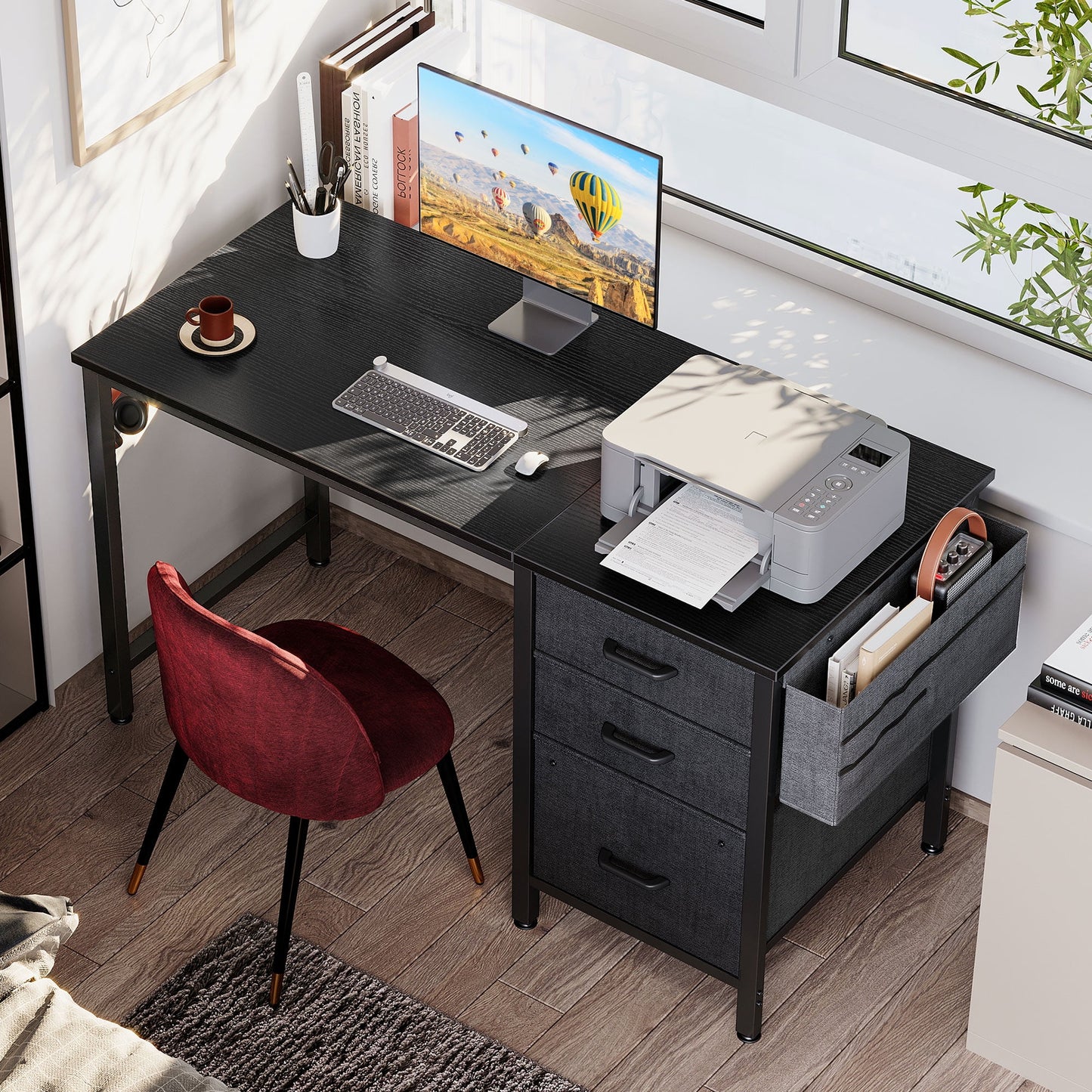 Casacomoda 40 inch Computer Desk with Fabric Drawers & File Cabinet, Home Office Desk with Cloth Storage Bag and Hook, Vanity Desk for Bedroom, Black