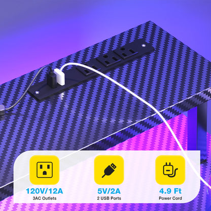 Casacomoda 48 inch Gaming Desk with LED Lights & Power Outlets, Computer Desk with Monitor Stand & Storage Sheves, CPU Stand, Home Office Desk, Black