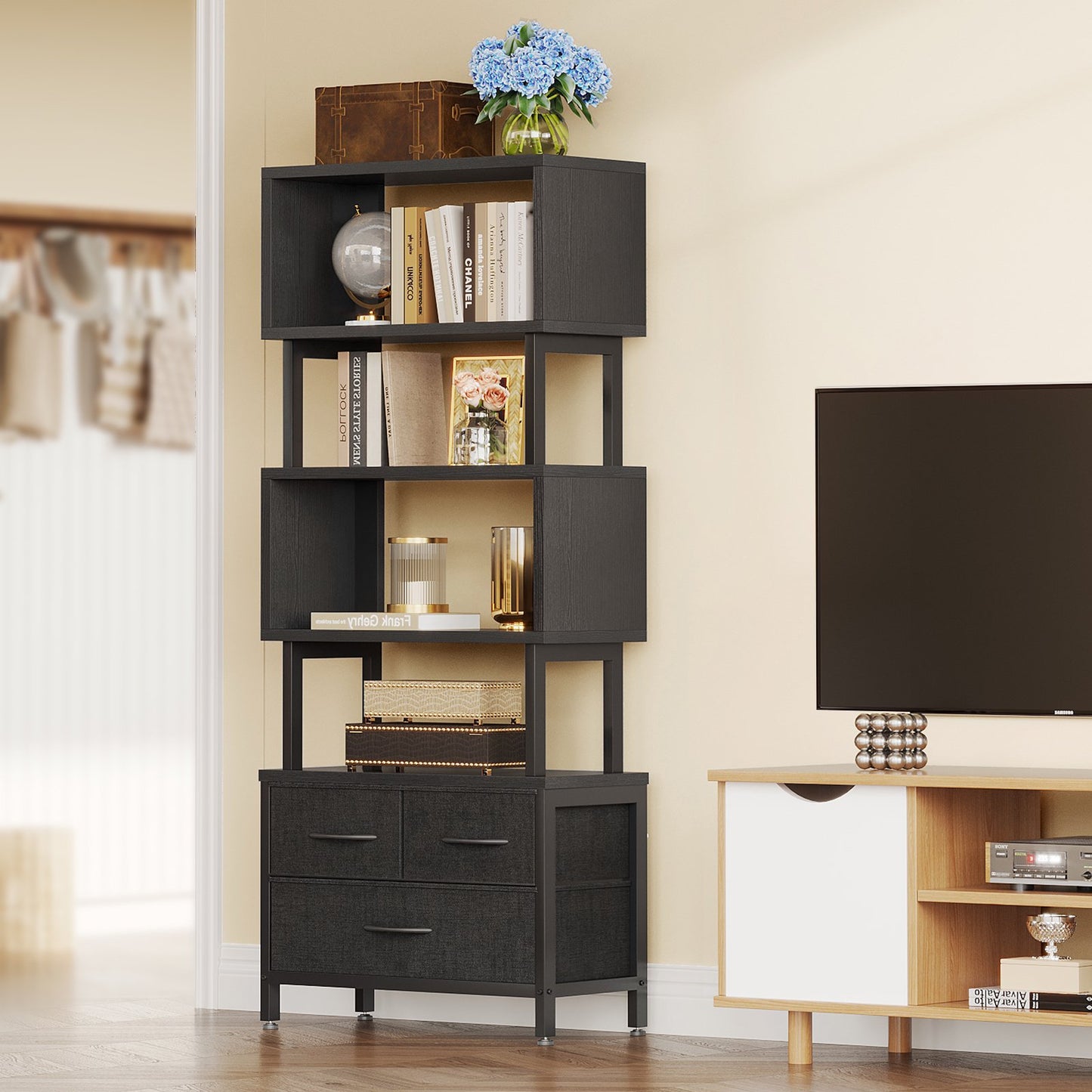 Casacomoda 3-Drawer Bookshelf, 5-Tier Wood & Metal Bookcase with Storage Drawers, Freestanding Office Shelves for Living Room, Bedroom, Home Office Organizer, Black