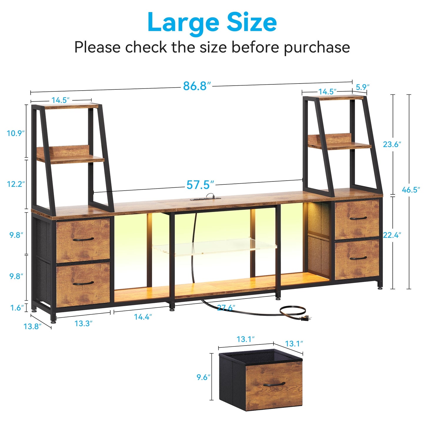 Casacomoda TV Stand for up to 65 Inch TV, 87" Entertainment Center with Power Outlets & LED Lights, Modern Media Console with Glass Shelf & 4 Fabric Drawers for Living Room Bedroom, Vintage