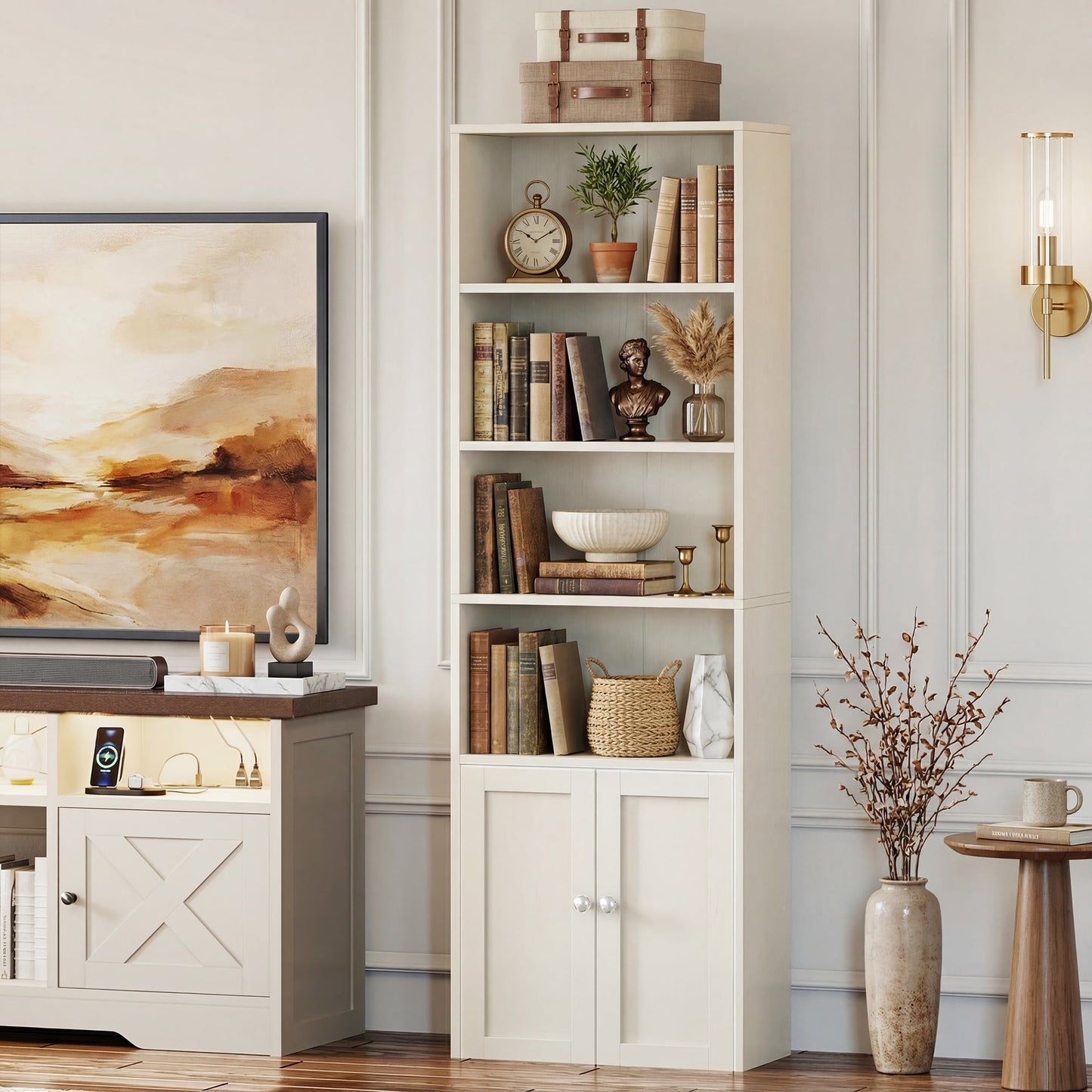 Casacomoda 6-Tier Bookcase with Cabinet, Modern Bookshelf for Home Office, Living Room or Bedroom, Easy Assembly & Stable Structure, White