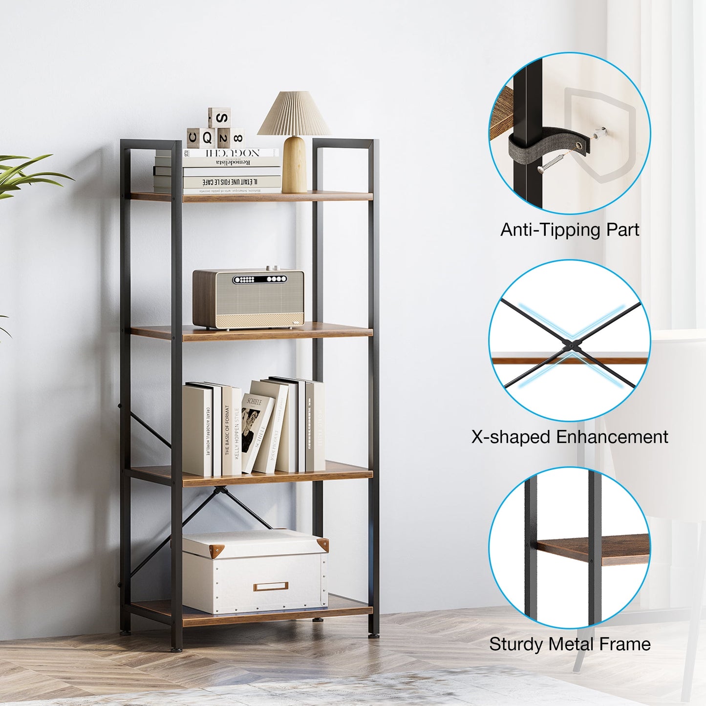 Casacomoda 4-Tier Bookshelf, Freestanding Book Shelf, Home Office Bookcase, Storage Shelving Unit for Bedroom, Living Room, Vintage