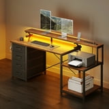 Casacomoda 55 Inch Computer Desk with USB Ports and Power Outlets, Printer Shelf & Built-in LED, 4 Drawers & Storage Shelf, Home Office Desks, Vintage
