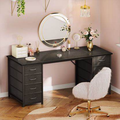 Black Computer Desk with Drawers for Storage - 55 inch Home Office Desk with 8 Fabric Drawers, Writing Study Desk with Drawers on Both Sides for Bedroom