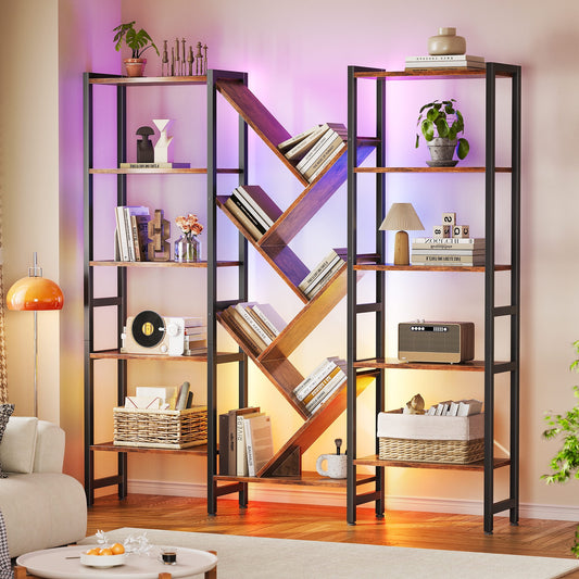 Triple 5-Tier Bookshelf with LED Lights for Living Room, 17 Open Shelves Large Bookcase with App Control RGB Light Strip, Modern Tree Design Storage Shelf with Metal Frame, Vintage
