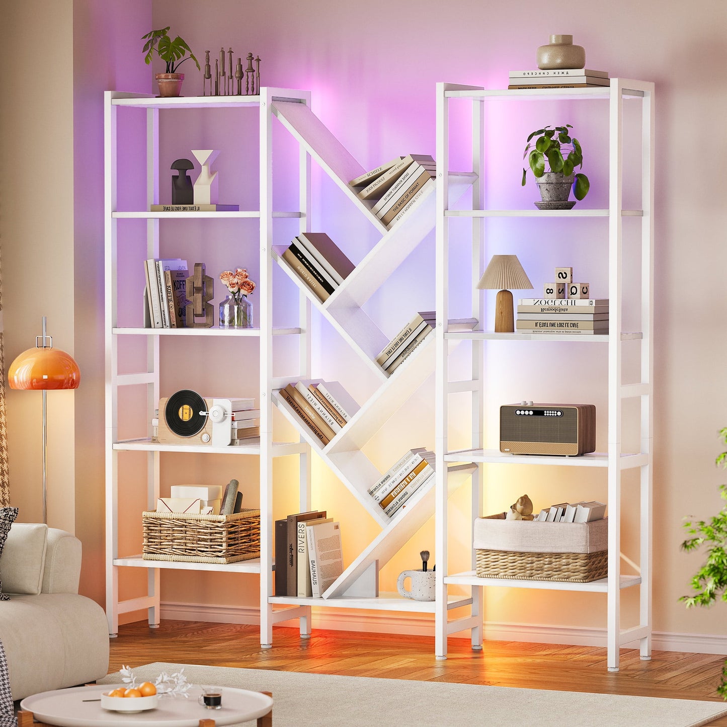 Triple 5-Tier Bookshelf with LED Lights for Living Room, 17 Open Shelves Large Bookcase with App Control RGB Light Strip, Modern Tree Design Storage Shelf with Metal Frame, White