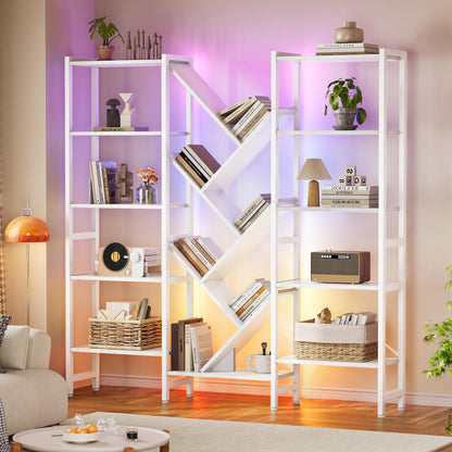Triple 5-Tier Bookshelf with LED Lights for Living Room, 17 Open Shelves Large Bookcase with App Control RGB Light Strip, Modern Tree Design Storage Shelf with Metal Frame, White