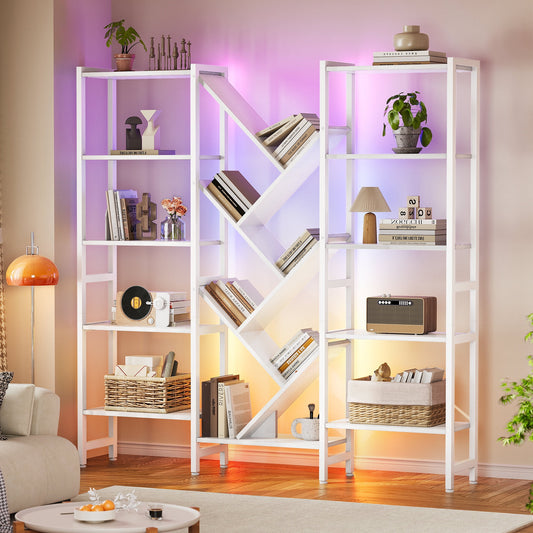 Triple 5-Tier Bookshelf with LED Lights for Living Room, 17 Open Shelves Large Bookcase with App Control RGB Light Strip, Modern Tree Design Storage Shelf with Metal Frame, White