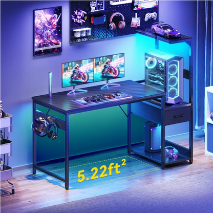 48" Gaming Desk with LED Lights & Storage Drawer, Reversible Computer Desk with Headphone Hook, Carbon Fiber Black