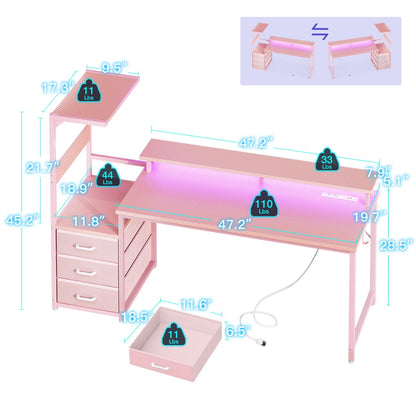 59" Gaming Desk with RGB LED Lights & Monitor Stand, Computer Desk with CPU Stand & Power Outlet, Home Office Desk with Storage Drawers, Pink