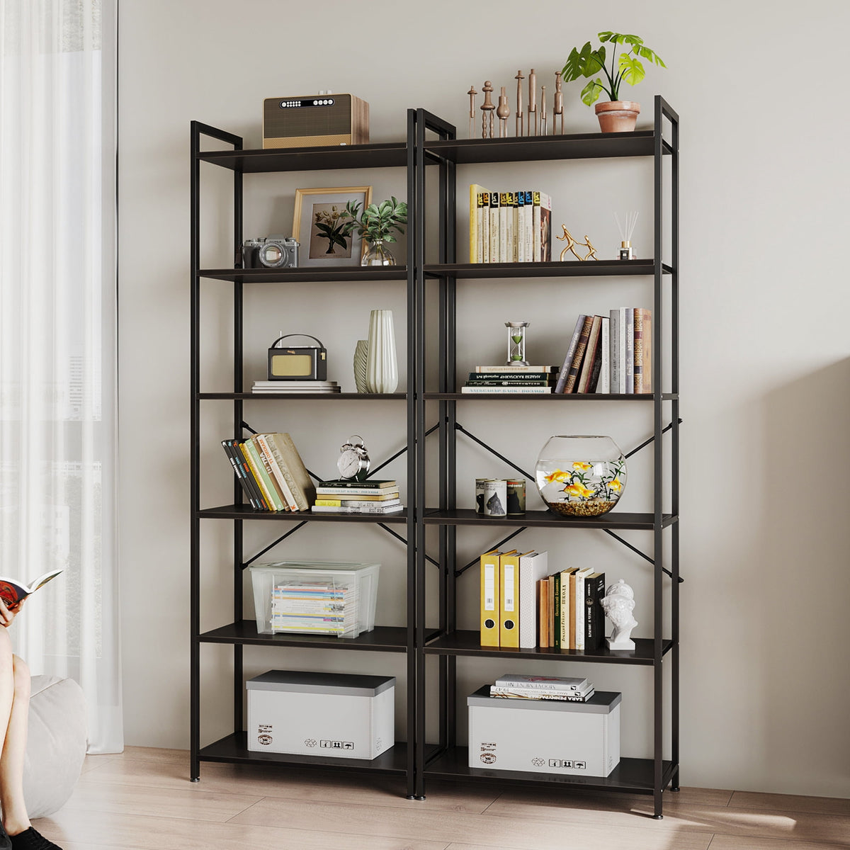 Casacomoda 6-Tier Tall Bookshelf, Large Bookcase with Steel Frame, Deep Book Shelf for Living Room, Home Office, Study, Industrial Style, Black