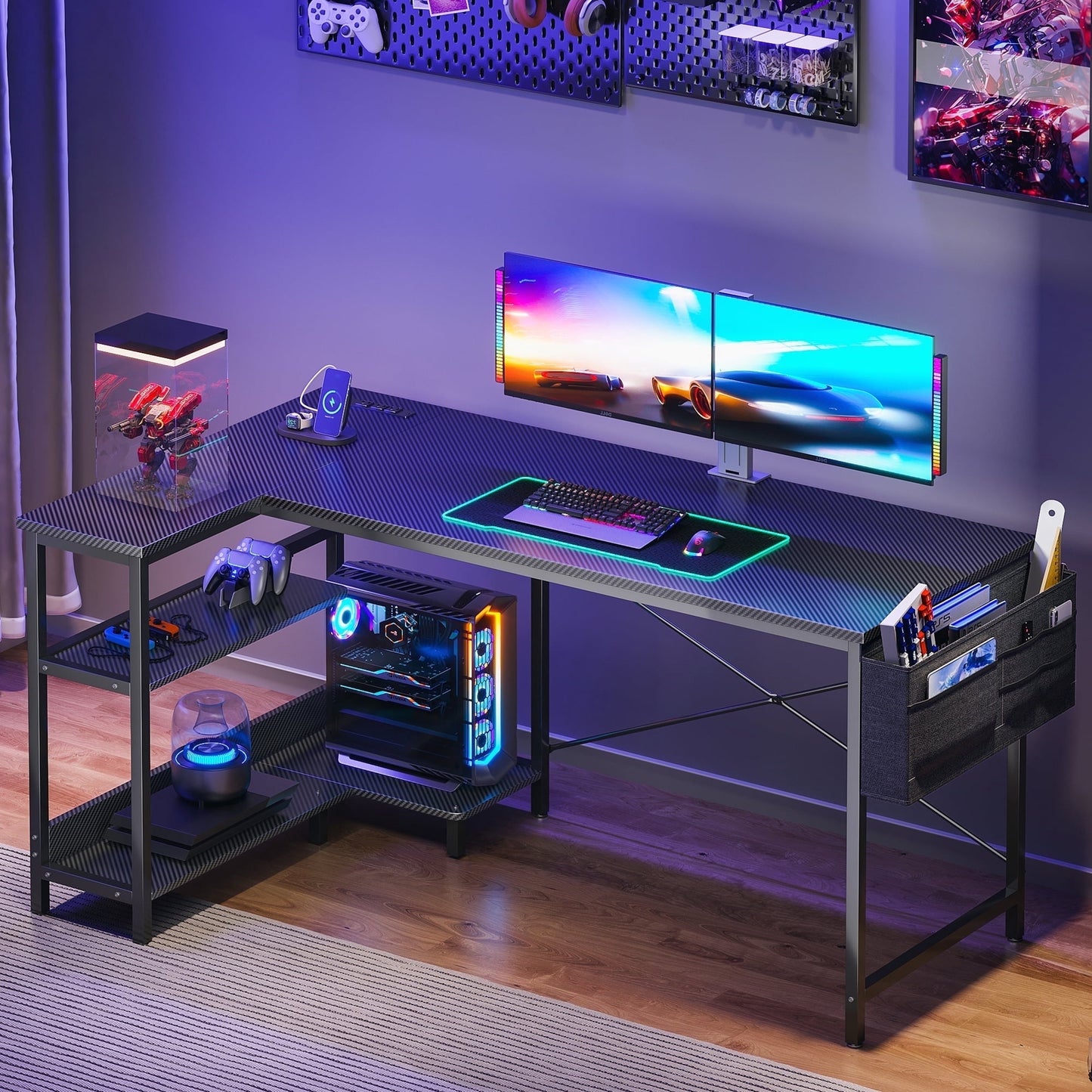 55 inch Large Office Desk with Storage Shelve, Gaming Table with Power Outlets for Large Spaces, Black Carbon