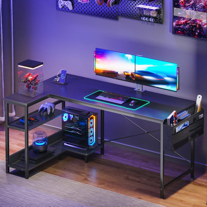 55 inch Large Office Desk with Storage Shelve, Gaming Table with Power Outlets for Large Spaces, Black Carbon