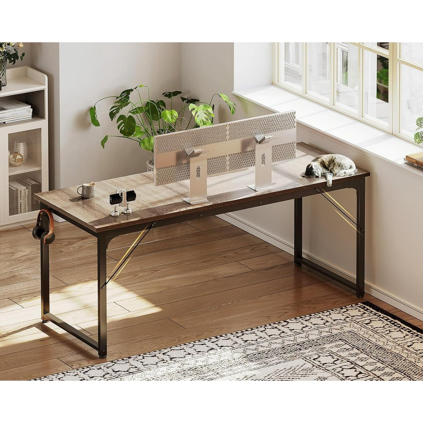 Casacomoda 63 inch Computer Desk with Headphone Hooks, Home Office Desk for Large Spaces, Simple Modern Desk for Studying & Writing, Grey Oak