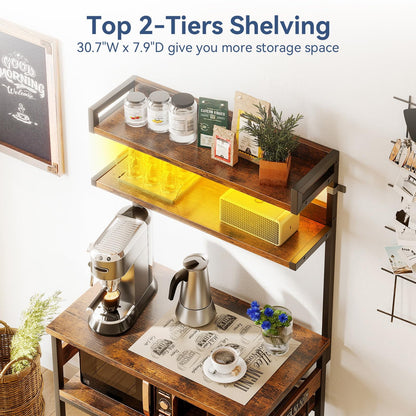 Bakers Rack with Power Outlet & LED Lights, Coffee Bar with Storage 5-Tiers, Microwave Stand Kitchen Shelf 16.5 * 23.6 * 59 inches, Kitchen Coffee Rack, Rustic Brown