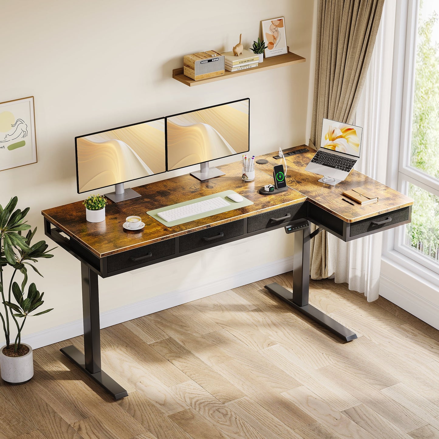 Electric Standing Desk with Drawers, 63 Inch Height Adjustable Desk with Power Outlets, Sit Stand Table, Writing Computer Desk for Home, Office, Workstation, Rustic Brown