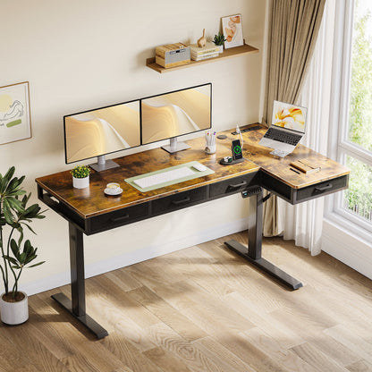 Electric Standing Desk with Drawers, 63 Inch Height Adjustable Desk with Power Outlets, Sit Stand Table, Writing Computer Desk for Home, Office, Workstation, Rustic Brown