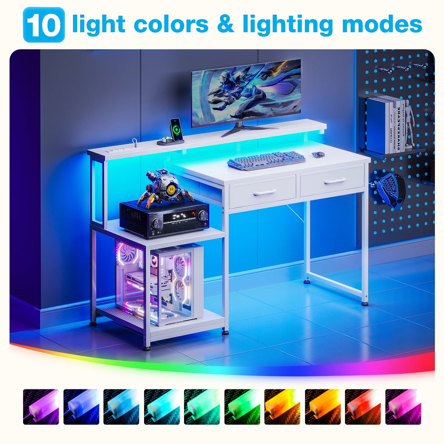 Casacomoda Computer Desk, 48 Inch Gaming Desk with Led Lights & Power Outlet, Home Office Desk with Monitor Shelf, Reversible Desk with Printer Stands, Carbon Fiber White