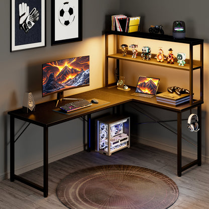 53 Inch L-Shaped Office Desk with Power Outlets, Gaming Desk with LED Lights for Home Office, Corner Computer Desk with Hutch, Black