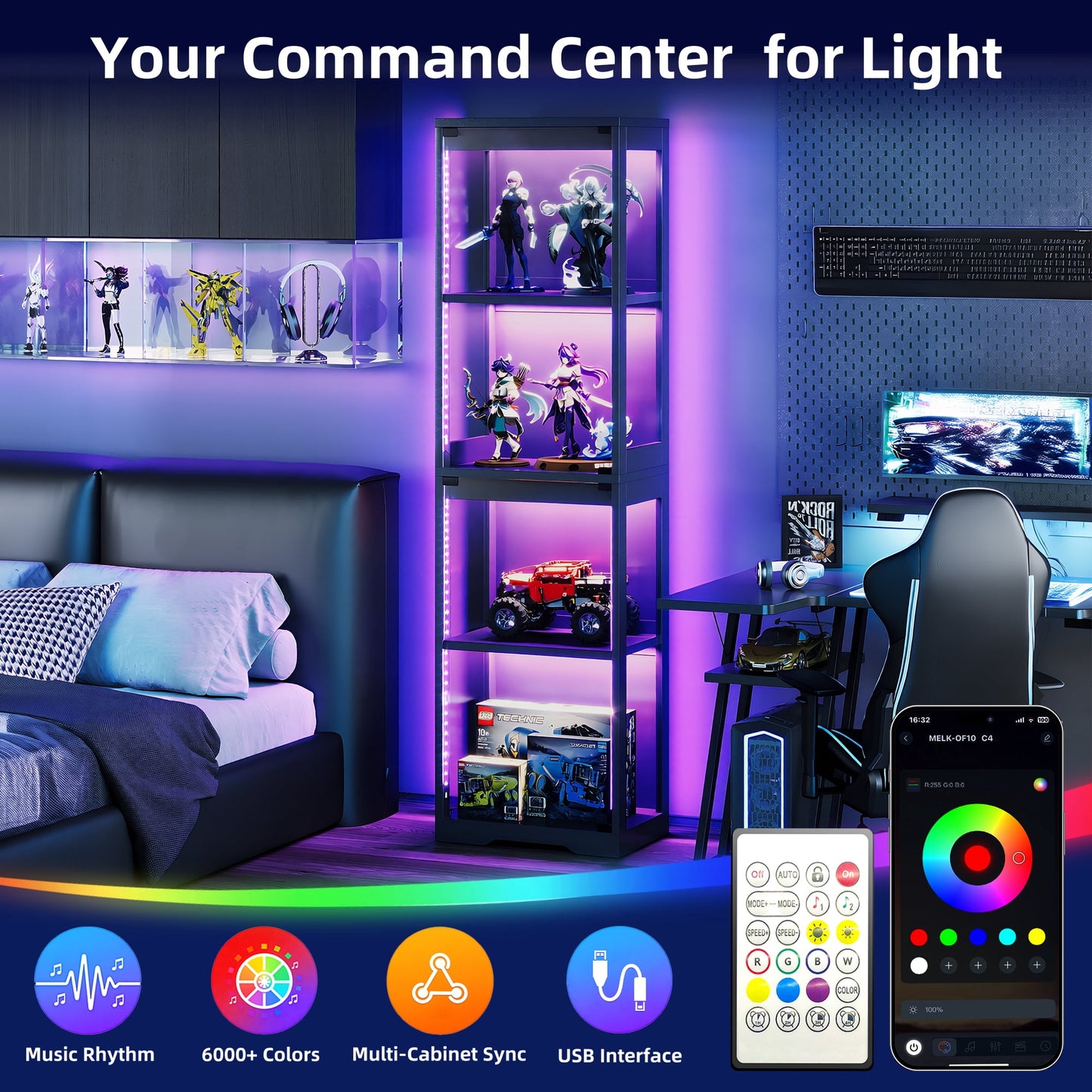 Casacomoda 4-Tier Gaming Display Cabinet with RGB Lights, Glass Door Corner Display Case & Curio Cabinet, for Collectibles, Models, Lego Display Shelf, Black