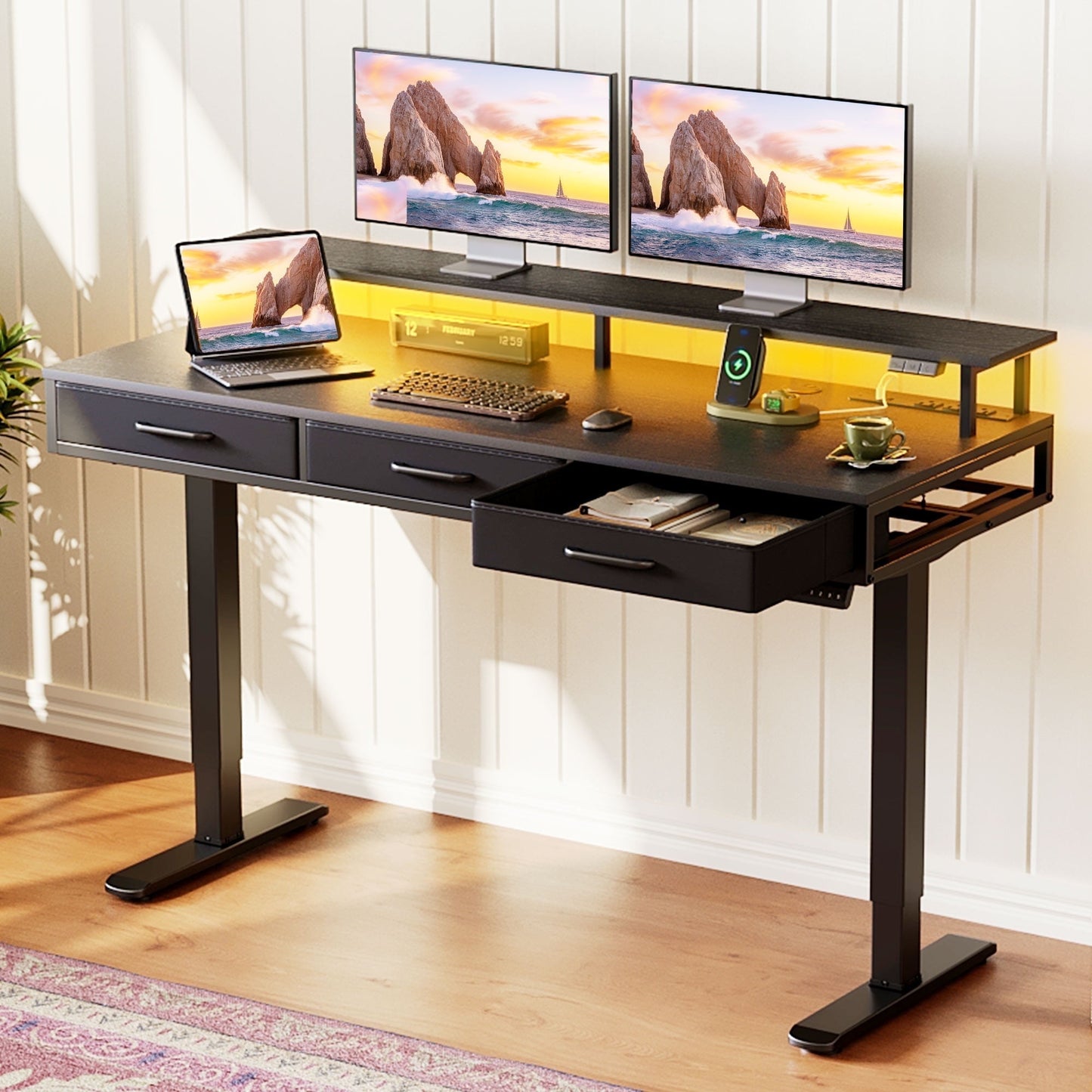 Casacomoda 55 inch Electric Standing Desk with Power Outlets and LED Lights, Adjustable Height Sit Stand Desk with Monitor Shelf & 3 Fabric Drawers for Home Office, Black