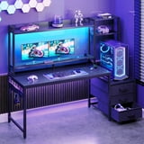 Casacomoda 55 inch Gaming Desk with LED Lights & Power Outlets, Home Office Desk with Reversible Storage Drawers & Monitor Shelves, Carbon Fiber Black