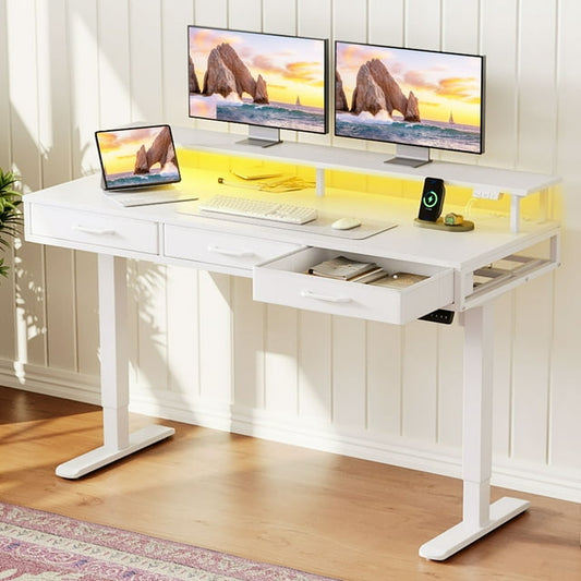 Casacomoda Electric Standing Desk with Power Outlets and LED Lights, Adjustable Height Sit Stand Desk with Monitor Shelf & 3 Fabric Drawers for Home Office, White