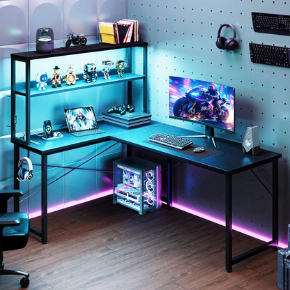 53 Inch L-Shaped Office Desk with Power Outlets, Gaming Desk with LED Lights for Home Office, Corner Computer Desk with Hutch, Black
