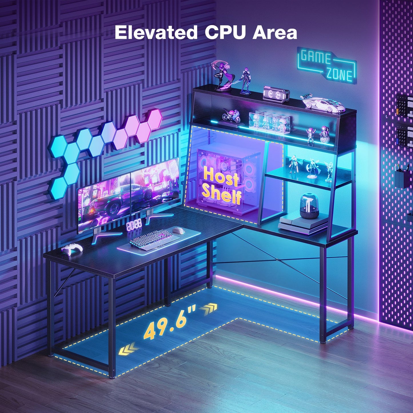 Casacomoda 51 Inch L Shaped Gaming Desk with LED Lights & CPU Platform, Reversible Computer Desk with Display Shelves, L Desk with Storage Bag for Game, Black