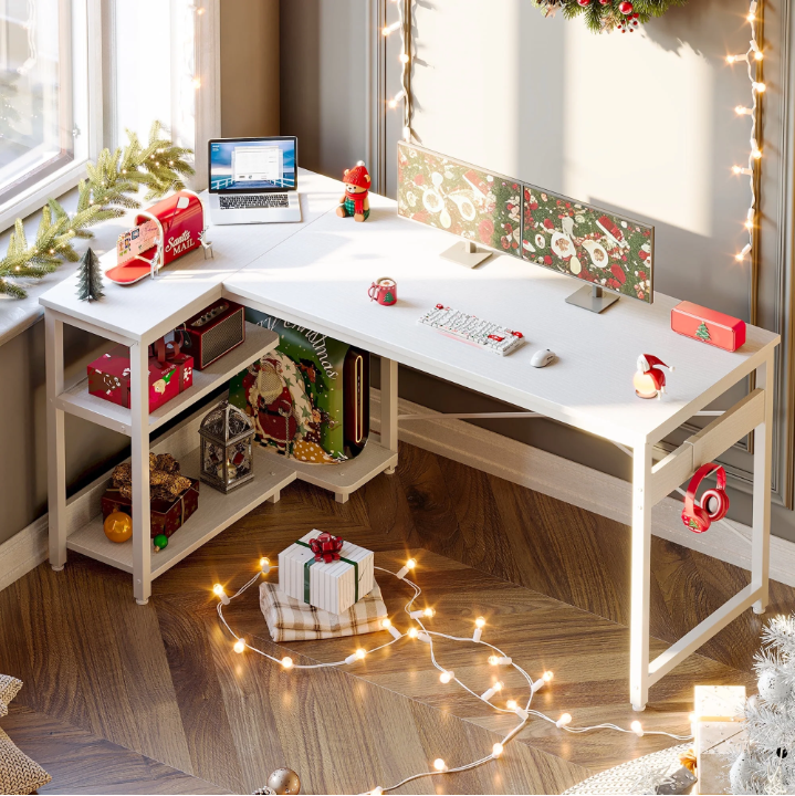 Casacomoda 55 Inch L Shaped Computer Desk with Storage Shelves & CPU Stand, Large Corner Desk with Headphone Hook, Home Office Desk, Reversible, White