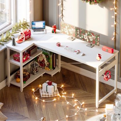 Casacomoda 55 Inch L Shaped Computer Desk with Storage Shelves & CPU Stand, Large Corner Desk with Headphone Hook, Home Office Desk, Reversible, White