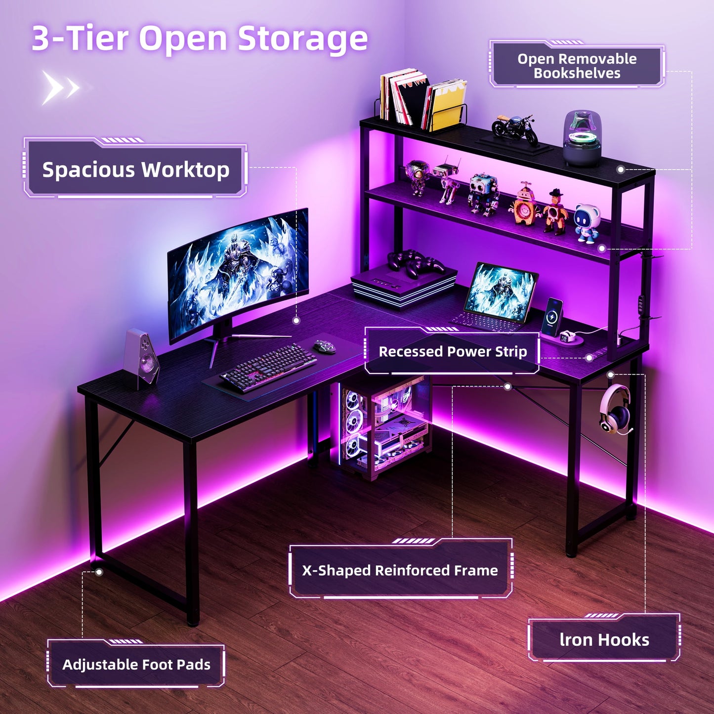 53 Inch L-Shaped Office Desk with Power Outlets, Gaming Desk with LED Lights for Home Office, Corner Computer Desk with Hutch, Black