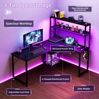 53 Inch L-Shaped Office Desk with Power Outlets, Gaming Desk with LED Lights for Home Office, Corner Computer Desk with Hutch, Black