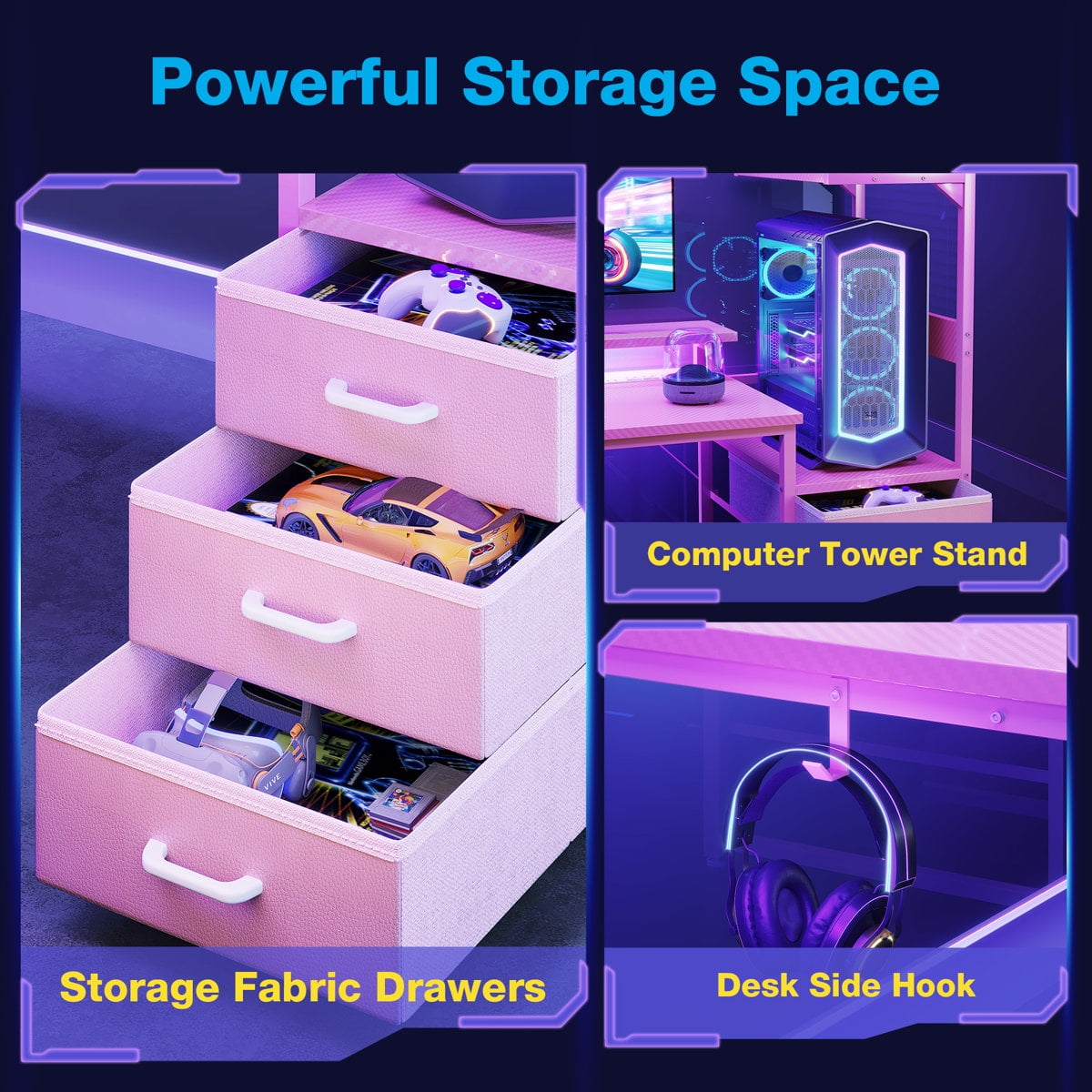 59" Gaming Desk with RGB LED Lights & Monitor Stand, Computer Desk with CPU Stand & Power Outlet, Home Office Desk with Storage Drawers, Pink
