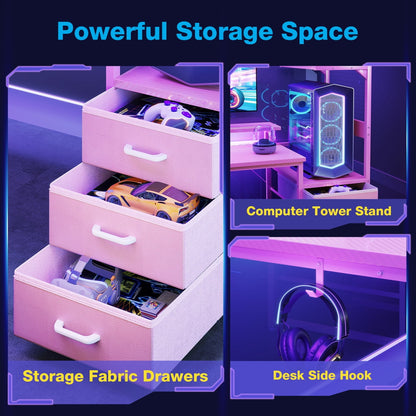 59" Gaming Desk with RGB LED Lights & Monitor Stand, Computer Desk with CPU Stand & Power Outlet, Home Office Desk with Storage Drawers, Pink