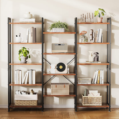 Casacomoda Triple Wide 5 Tier Bookshelf, Rustic Industrial Style Bookcases with 15 Open Display Shelves, Modern Tall Bookcase Furniture for Bedroom, Living Room and Home Office, Rustic Brown