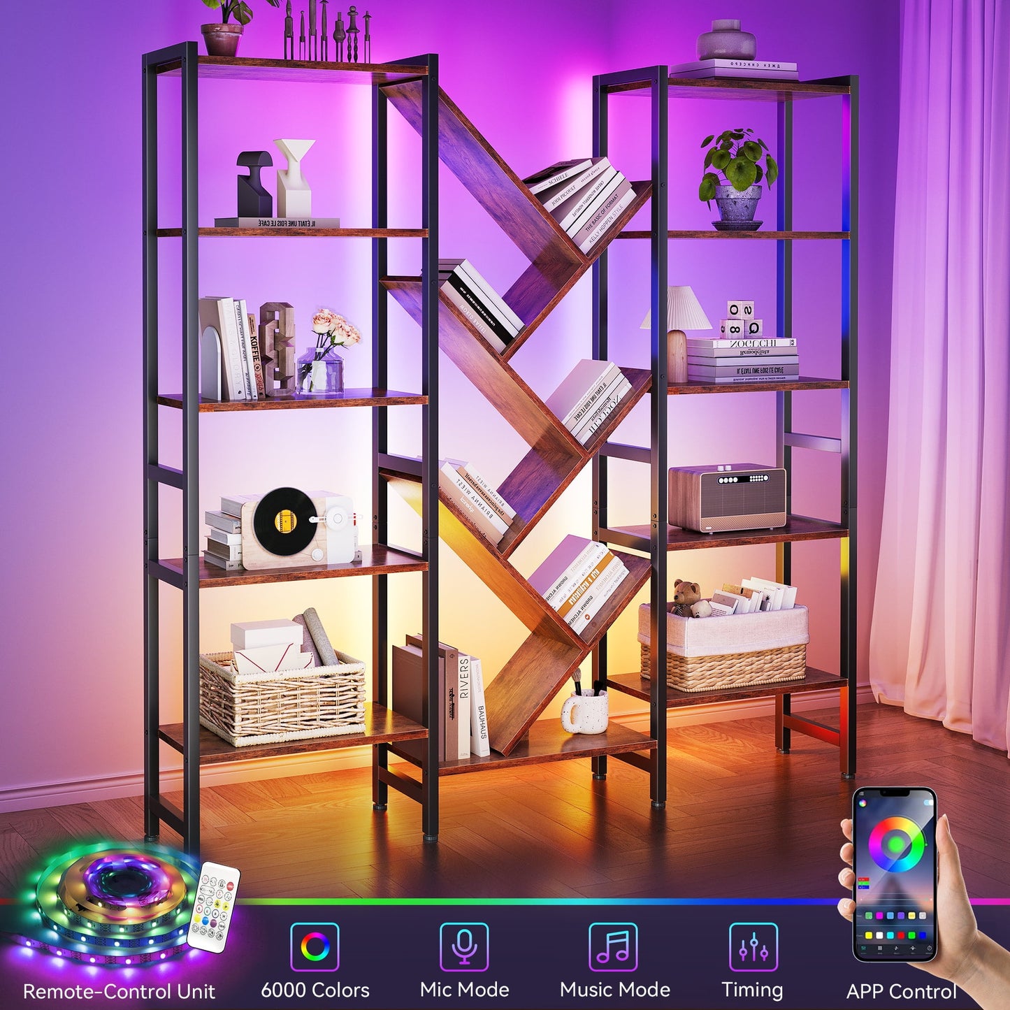 Triple 5-Tier Bookshelf with LED Lights for Living Room, 17 Open Shelves Large Bookcase with App Control RGB Light Strip, Modern Tree Design Storage Shelf with Metal Frame, Vintage
