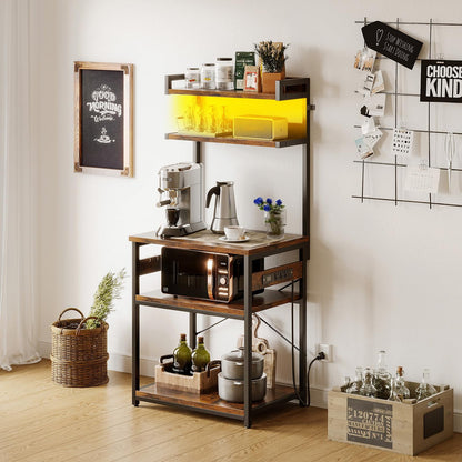 Bakers Rack with Power Outlet & LED Lights, Coffee Bar with Storage 5-Tiers, Microwave Stand Kitchen Shelf 16.5 * 23.6 * 59 inches, Kitchen Coffee Rack, Rustic Brown