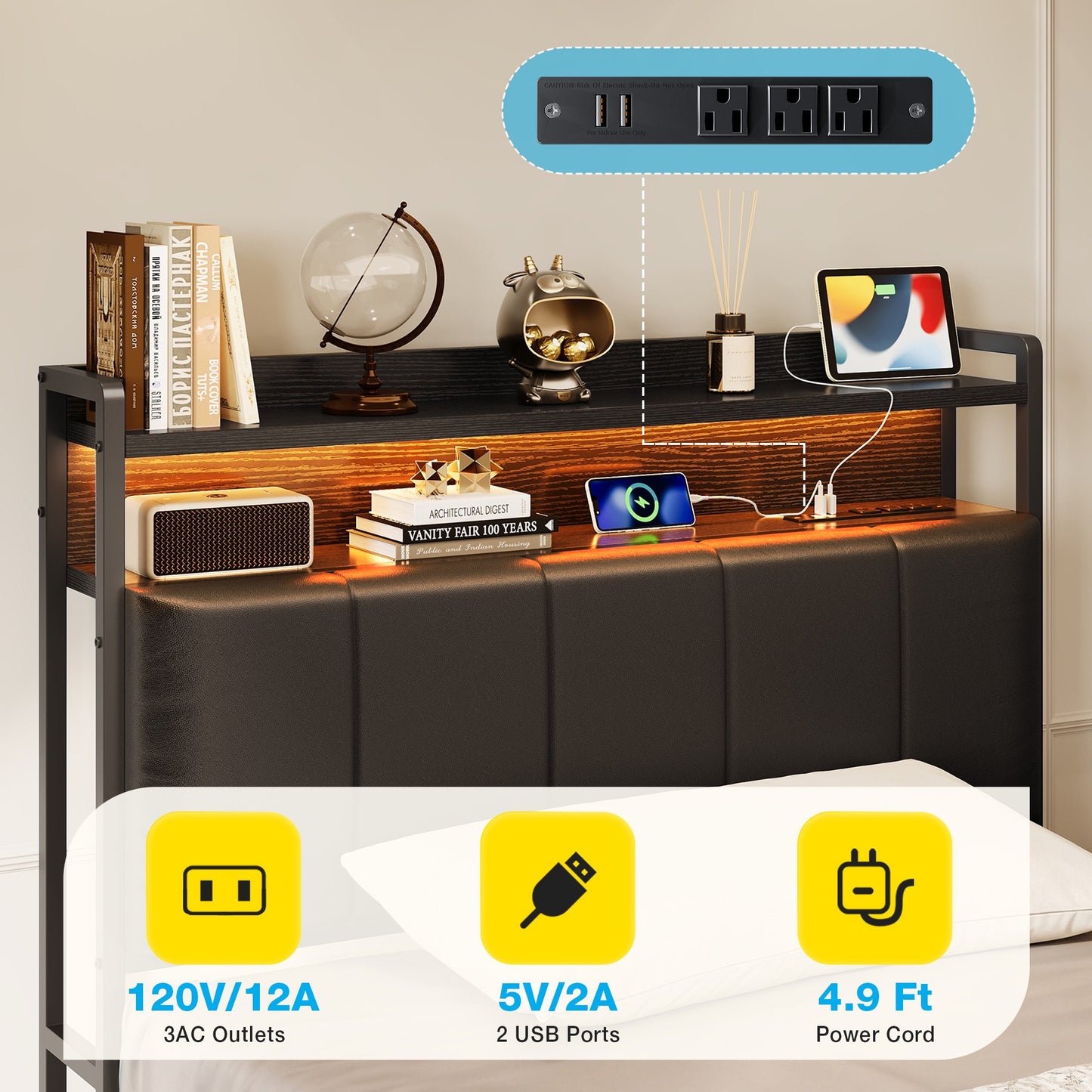 Bed Frame Twin Size with Storage Headboard and Drawer, Upholstered Platform Bed with Charging Station and LED Light, Heavy Duty Frame Support, No Box Spring Needed, Noise Free, Black