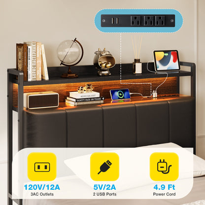 Bed Frame Twin Size with Storage Headboard and Drawer, Upholstered Platform Bed with Charging Station and LED Light, Heavy Duty Frame Support, No Box Spring Needed, Noise Free, Black