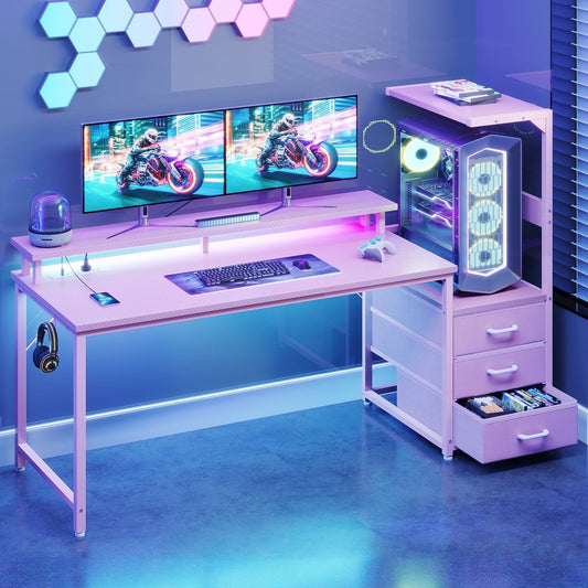 59" Gaming Desk with RGB LED Lights & Monitor Stand, Computer Desk with CPU Stand & Power Outlet, Home Office Desk with Storage Drawers, Pink