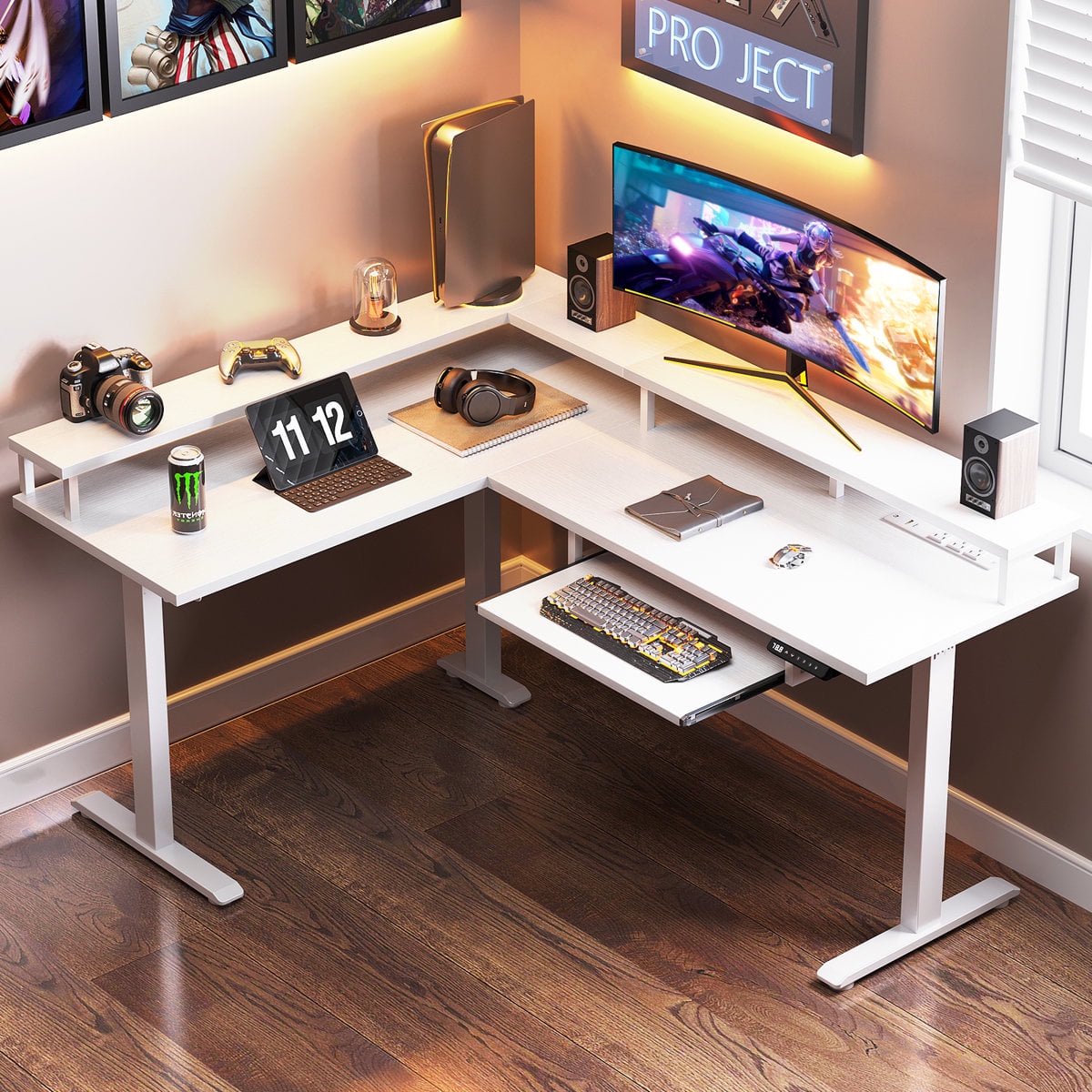 59" L-Shaped Electric Standing Desk, Single-Motor Height Adjustable Corner Desk with Full Monitor Shelf and Spliced Desktop for Home Office & Gaming,White